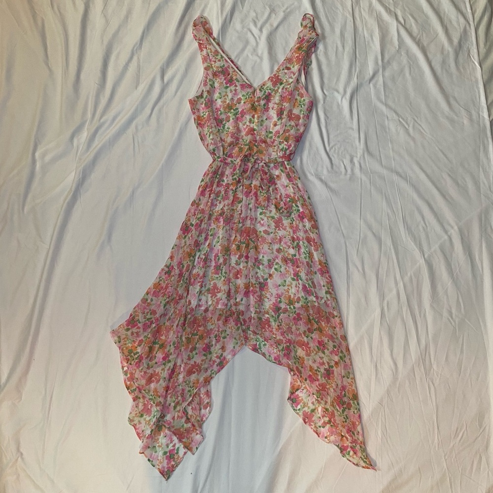 Adorable Pink Floral Midi Dress with Asymmetrical Handkerchief Hem, Fairycore - Picture 2 of 6